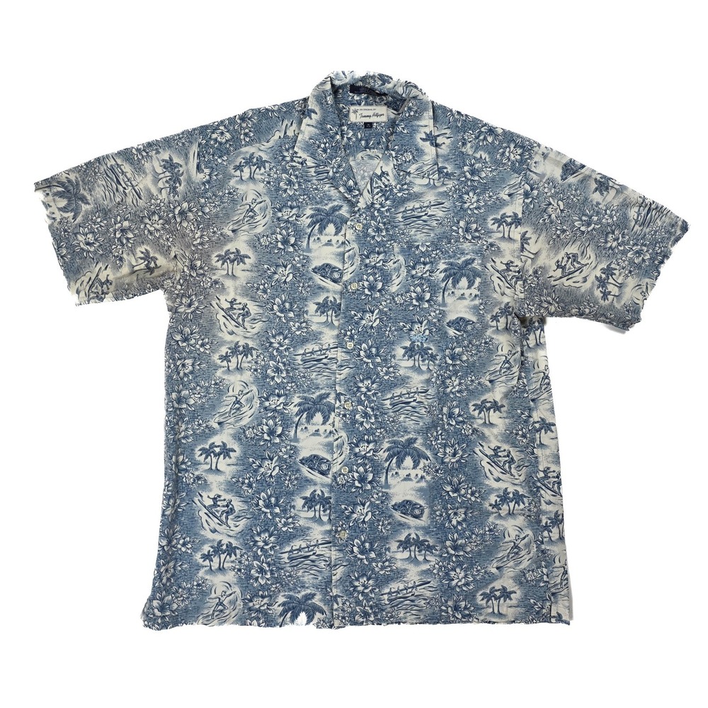 Tommy Hilfiger Y2K Blue Tropical Hawaiian Print Button S/S Shirt‎ Men's Size M
